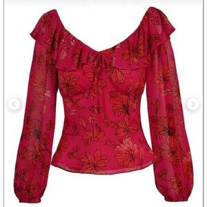 Size M Women’s Top Blouse Ruffle Neck Floral Vacation Resort Coastal Beach Fairy